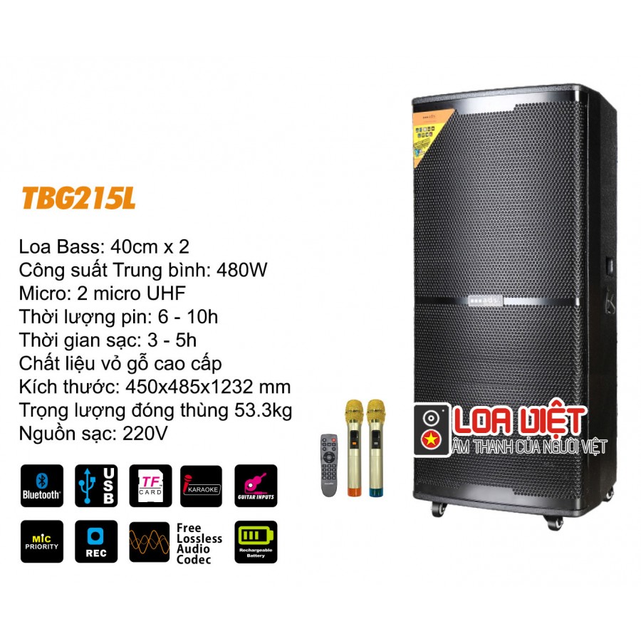 Loa kéo di động A/D/S TBG-215L chính hãng. Tặng kèm 2 mic cầm tay